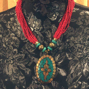 20" Red Bead Necklace with Turquoise & Gold